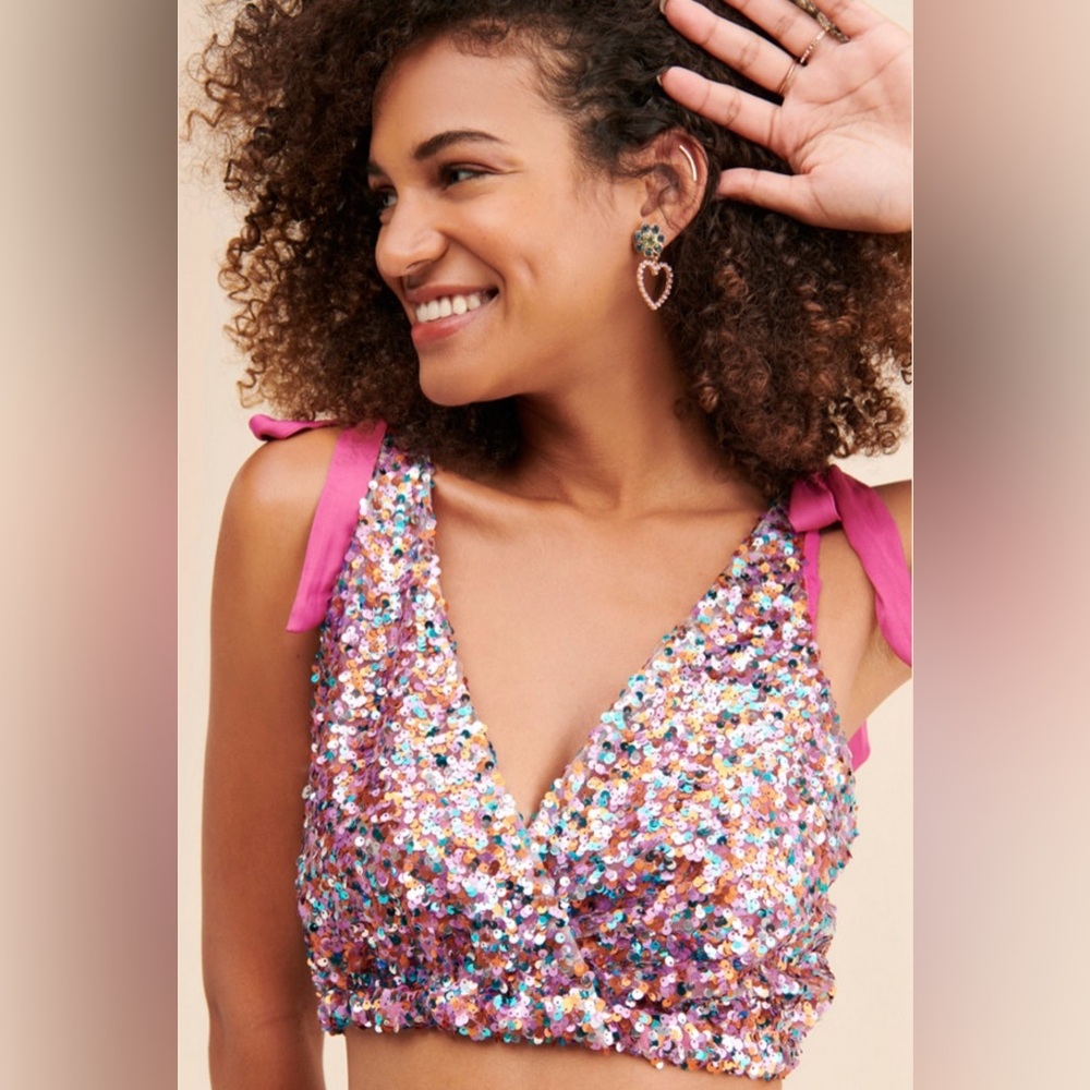 NWOT Free People Big Night Sequin Crop Top in Pink